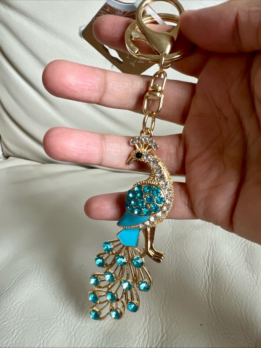 Gold Tone and Teal Peacock Keychain Handbag Purse Charm